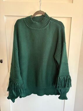 Very J Forest Green Western Fringe Sleeve Cowl Sweater